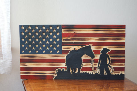 American Flag, Cowgirl w/Horse